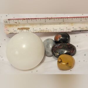 White Jasper Sphere, with Tumbled Leopard Skin Jasper, Mookite, Marble Jasper